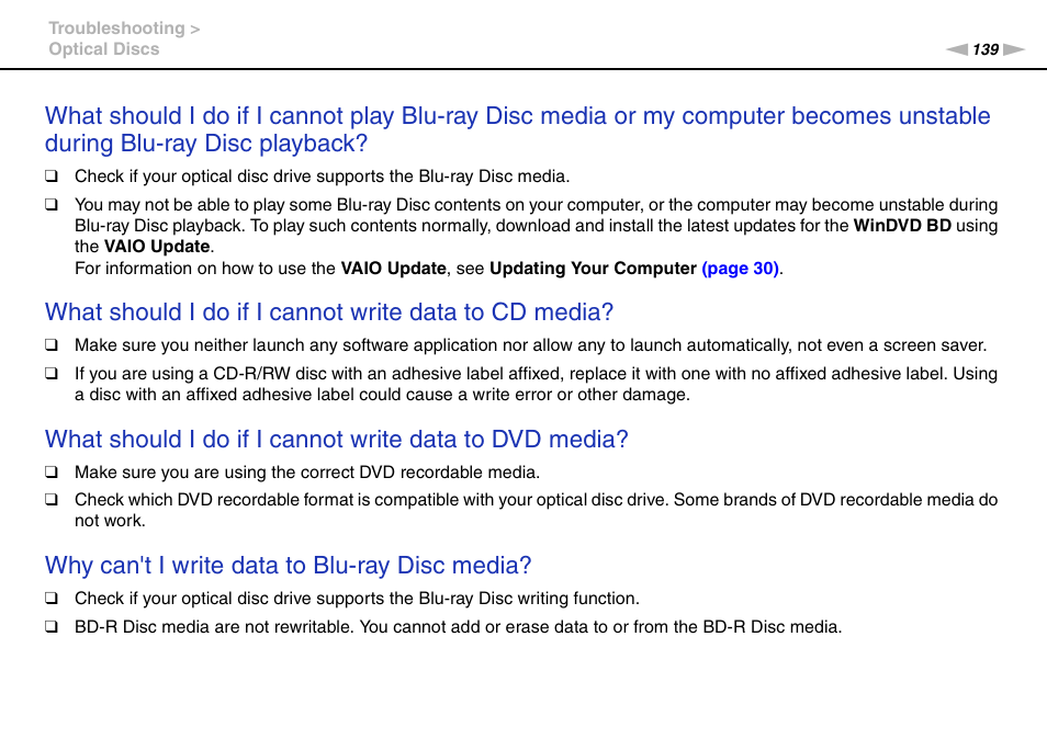 Why can't i write data to blu-ray disc media | Sony VAIO VGN-FW User Manual | Page 139 / 159
