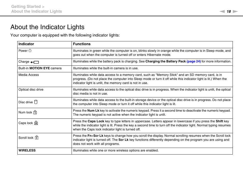 About the indicator lights | Sony VAIO VGN-FW User Manual | Page 18 / 159