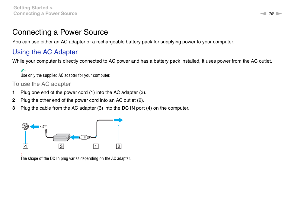 Connecting a power source, Using the ac adapter | Sony VAIO VGN-FW User Manual | Page 19 / 159