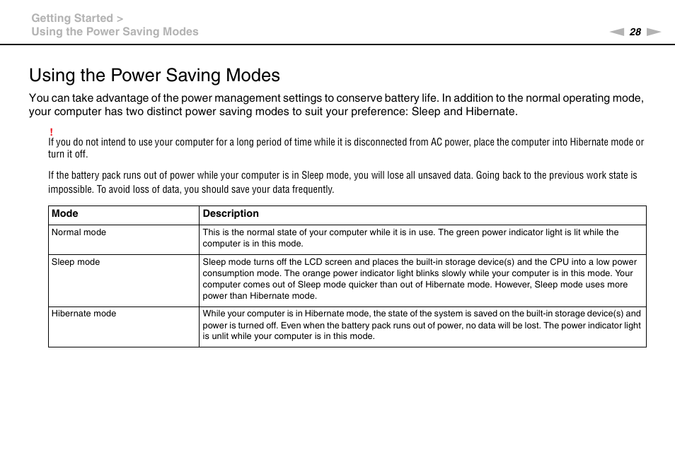 Using the power saving modes | Sony VAIO VGN-FW User Manual | Page 28 / 159