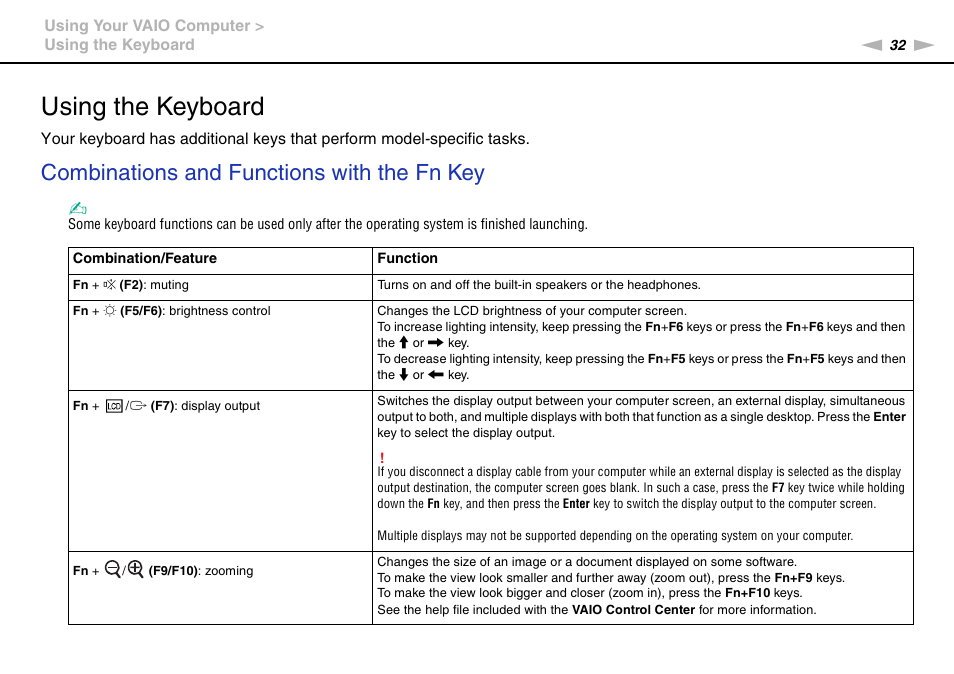 Using the keyboard, Combinations and functions with the fn key | Sony VAIO VGN-FW User Manual | Page 32 / 159