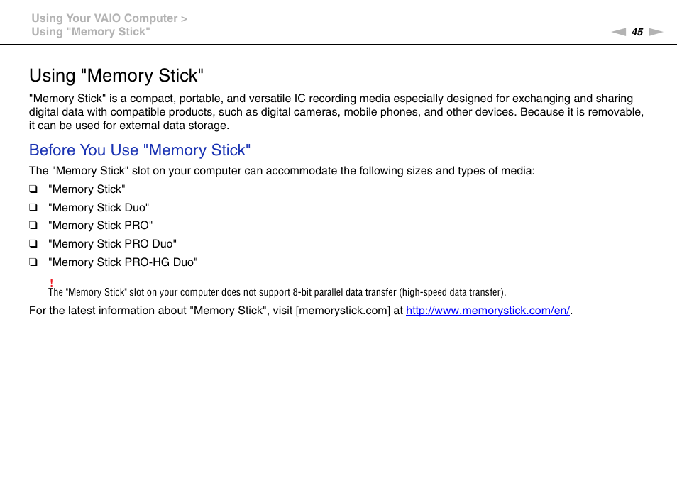 Using "memory stick | Sony VAIO VGN-FW User Manual | Page 45 / 159
