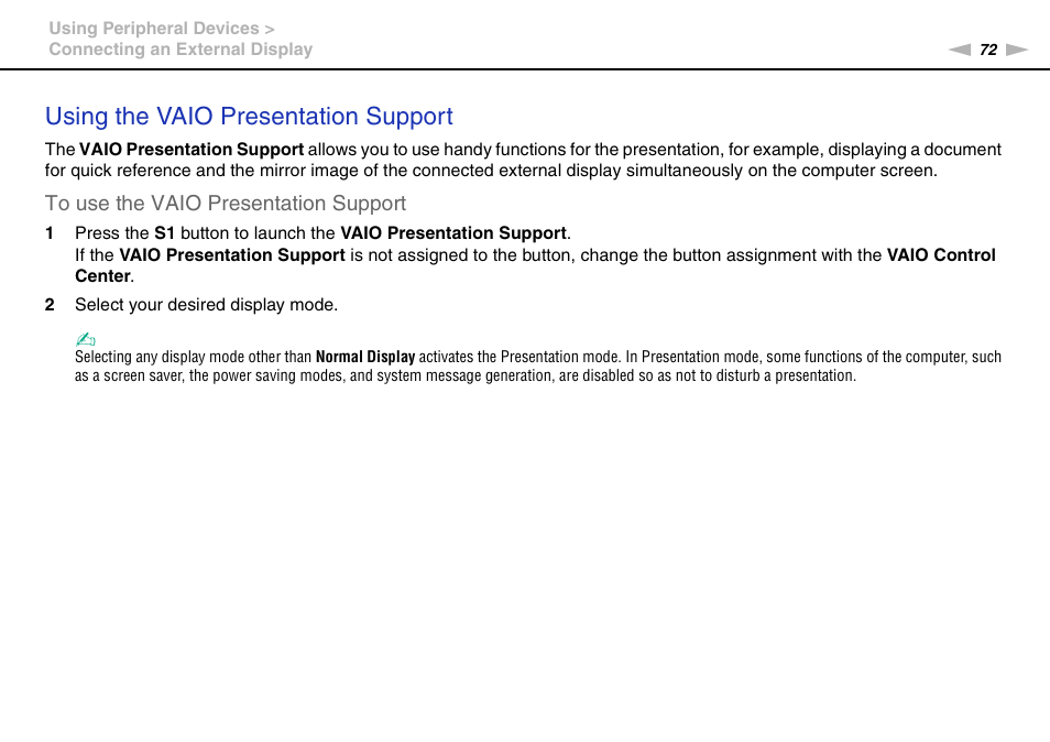 Using the vaio presentation support | Sony VAIO VGN-FW User Manual | Page 72 / 159