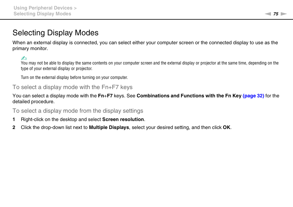 Selecting display modes | Sony VAIO VGN-FW User Manual | Page 75 / 159