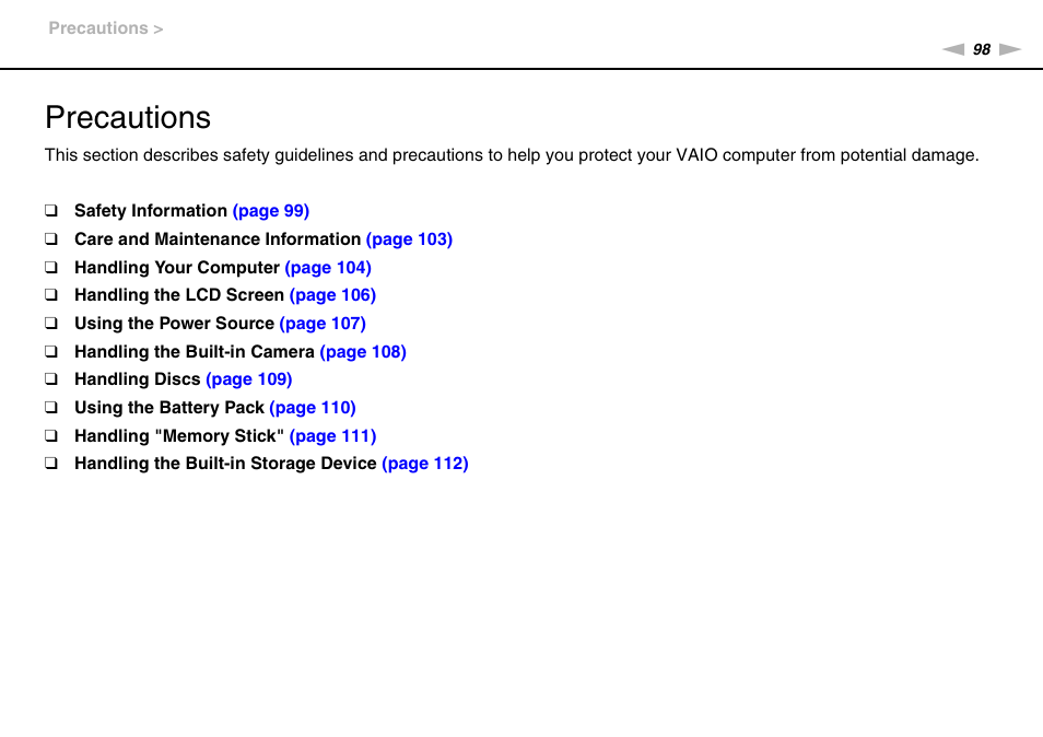 Precautions | Sony VAIO VGN-FW User Manual | Page 98 / 159