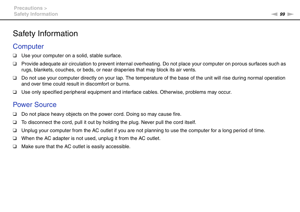 Safety information, Computer, Power source | Sony VAIO VGN-FW User Manual | Page 99 / 159