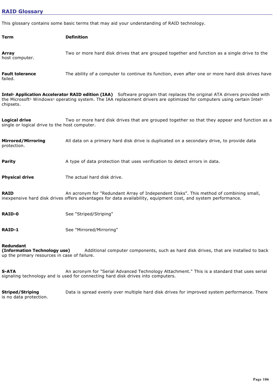 Raid glossary | Sony VGCRA830 User Manual | Page 106 / 164