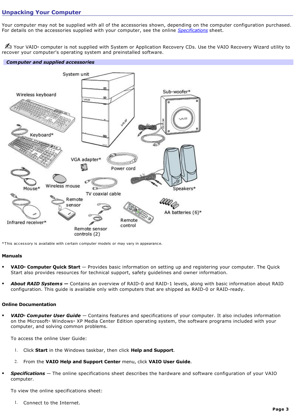 Unpacking your computer | Sony VGCRA830 User Manual | Page 3 / 164