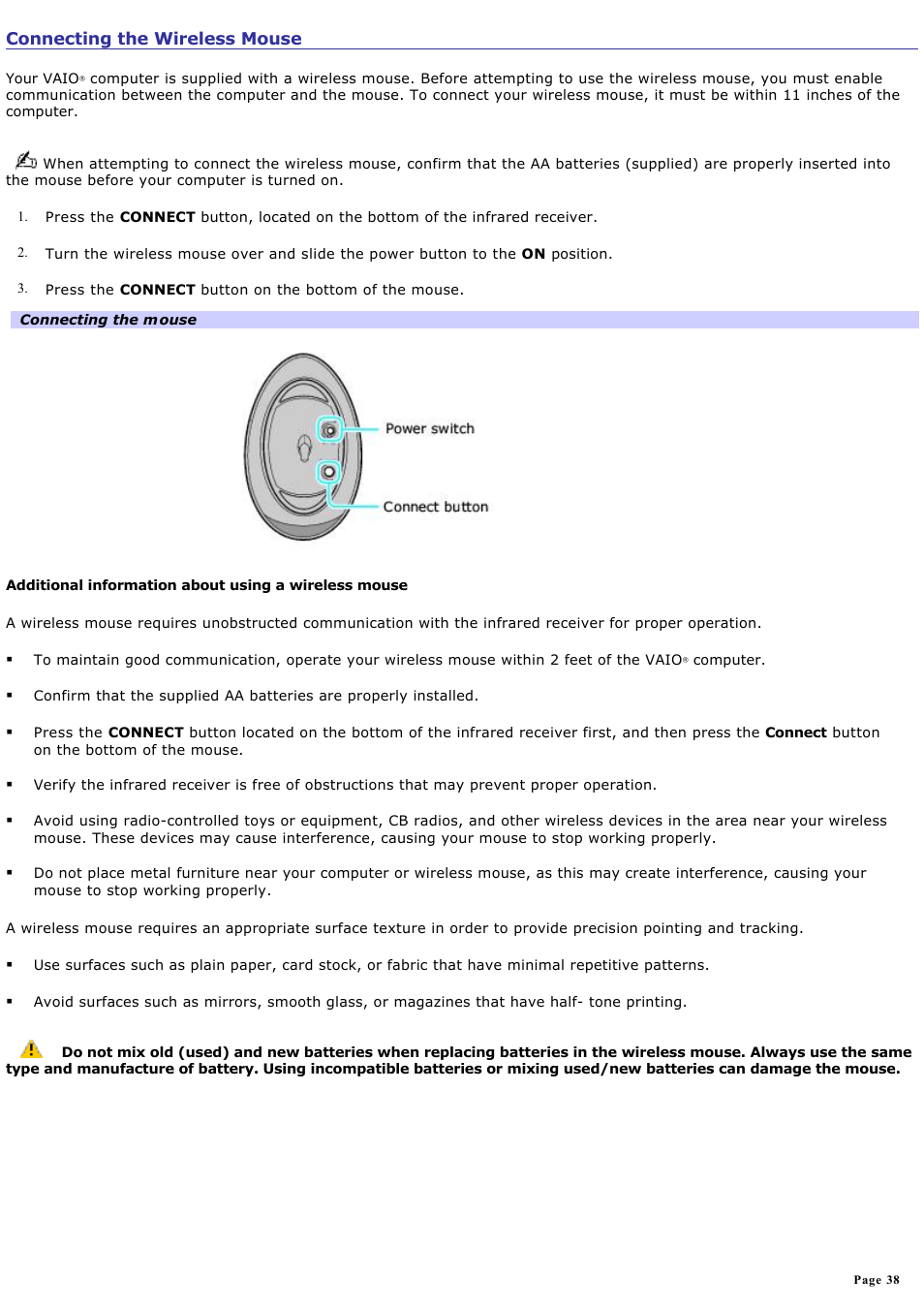 Connecting the wireless mouse | Sony VGCRA830 User Manual | Page 38 / 164