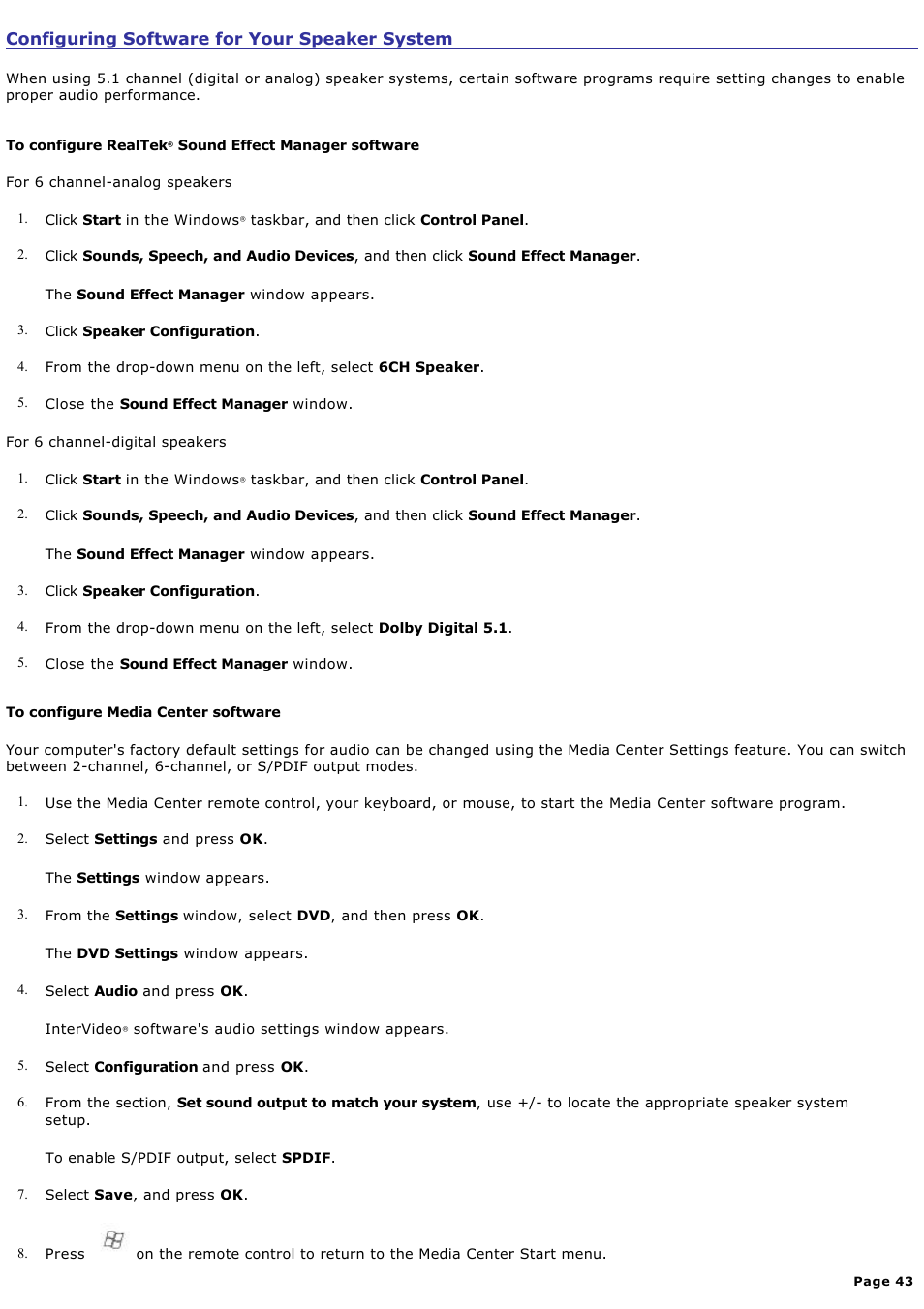 Configuring software for your speaker system | Sony VGCRA830 User Manual | Page 43 / 164