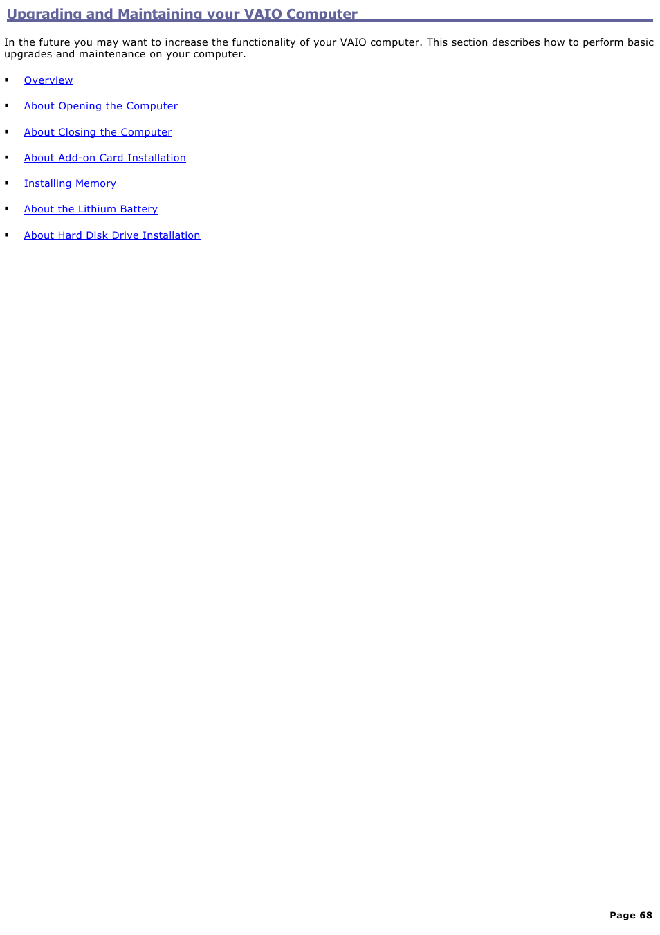 Upgrading and maintaining your vaio computer | Sony VGCRA830 User Manual | Page 68 / 164