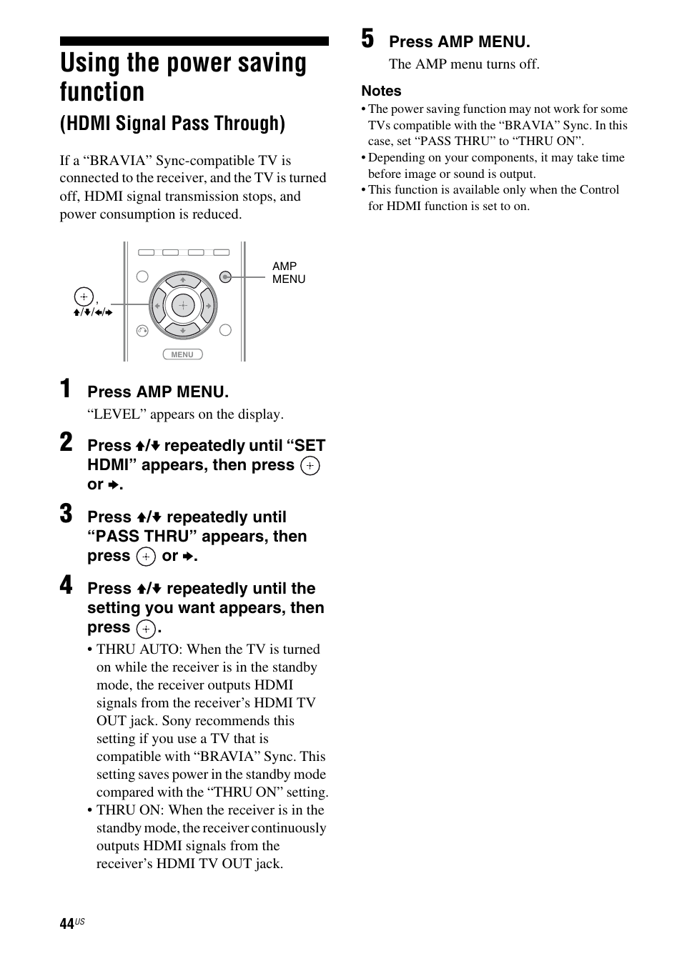 Using the power saving function, Hdmi signal pass through) | Sony HT-SF470 User Manual | Page 44 / 76