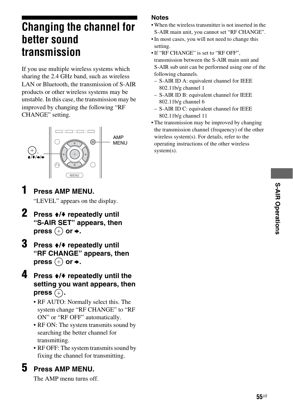 Changing the channel for better sound transmission, Changing the channel for better sound, Transmission | Sony HT-SF470 User Manual | Page 55 / 76