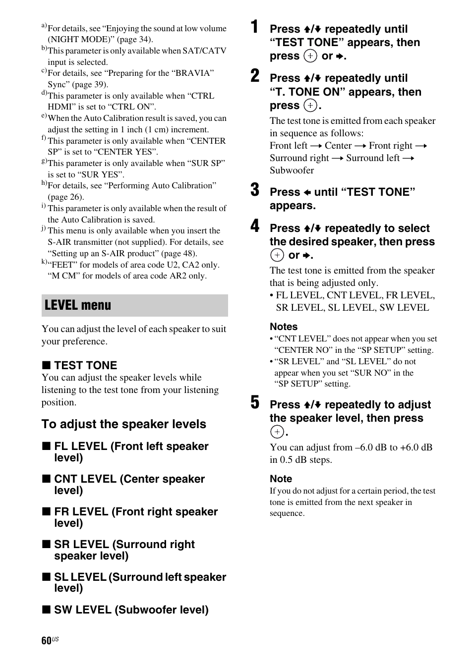 Level menu | Sony HT-SF470 User Manual | Page 60 / 76