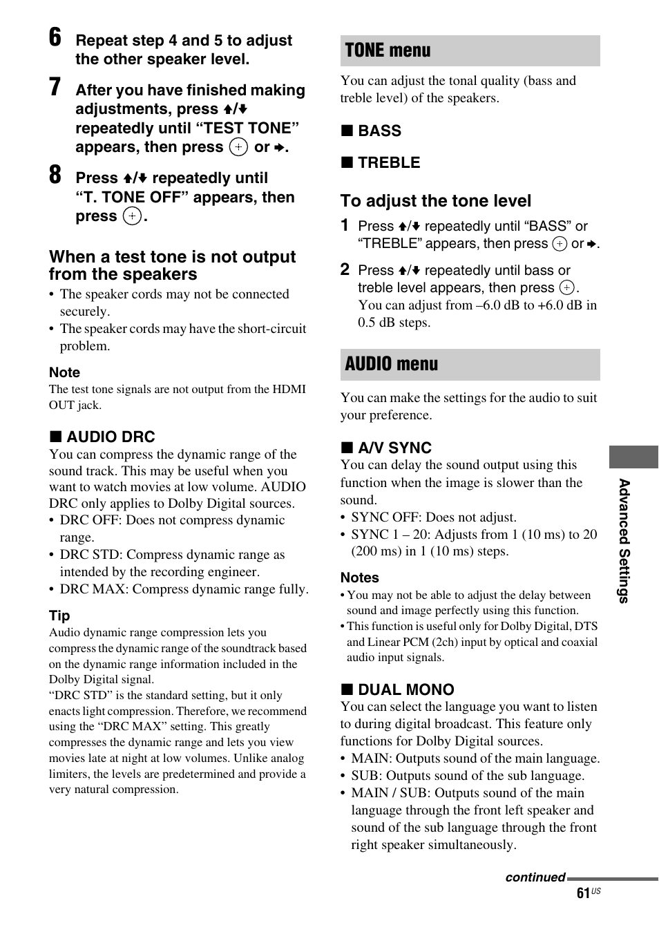 Tone menu audio menu | Sony HT-SF470 User Manual | Page 61 / 76