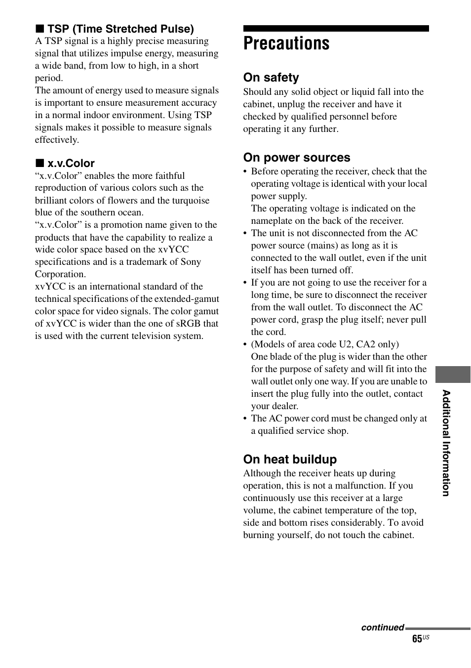 Precautions | Sony HT-SF470 User Manual | Page 65 / 76