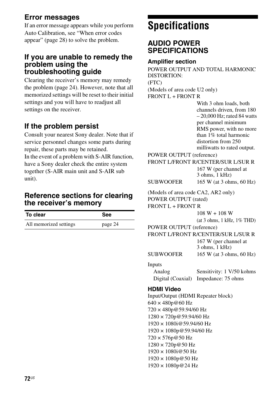 Specifications, Error messages, If the problem persist | Audio power specifications | Sony HT-SF470 User Manual | Page 72 / 76