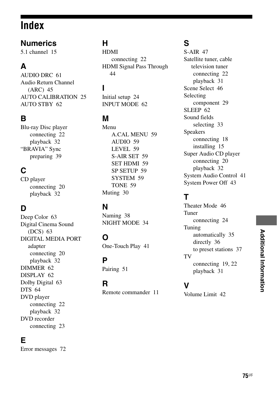Index, Numerics | Sony HT-SF470 User Manual | Page 75 / 76