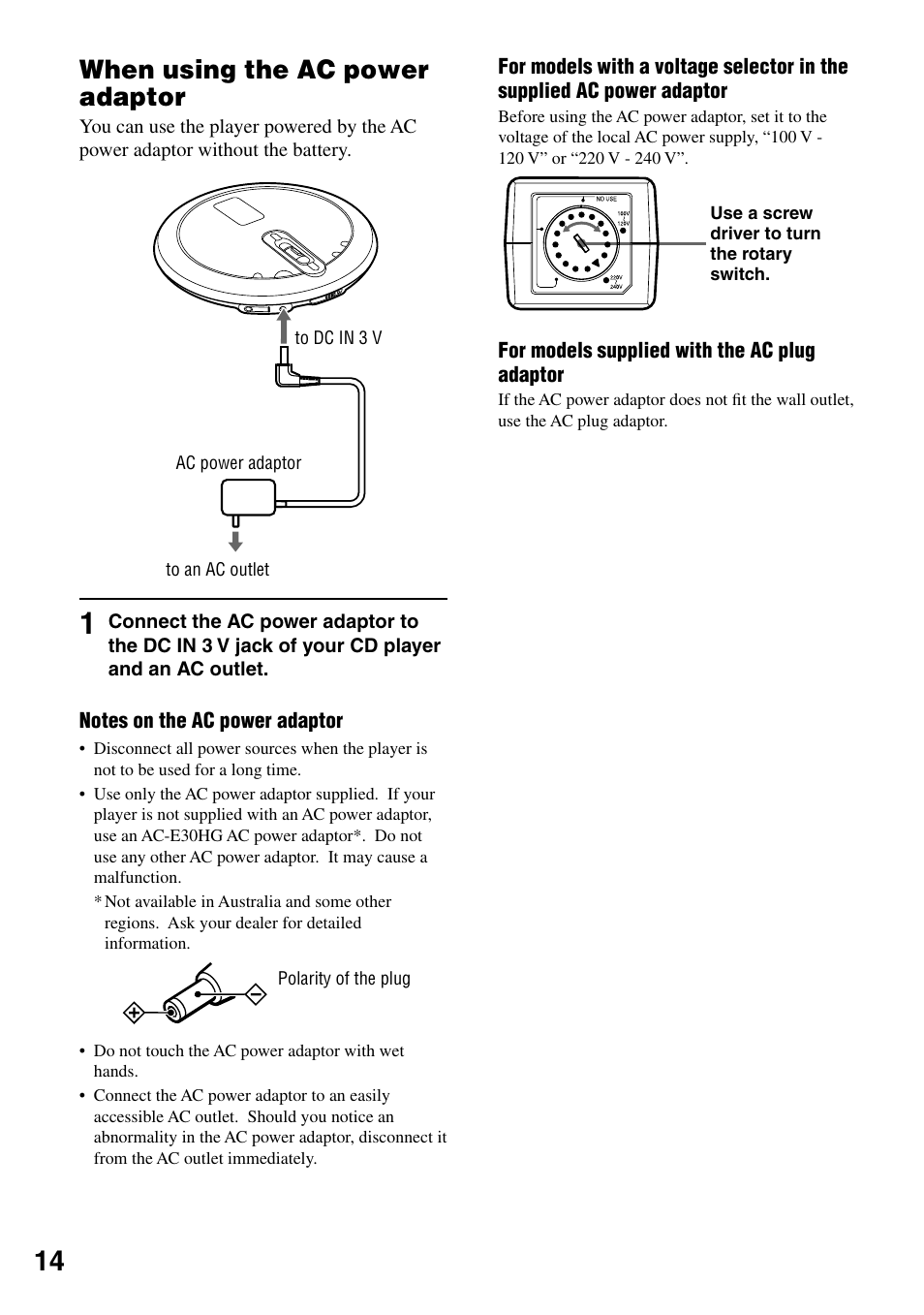When using the ac power adaptor | Sony D-NF431 User Manual | Page 14 / 44