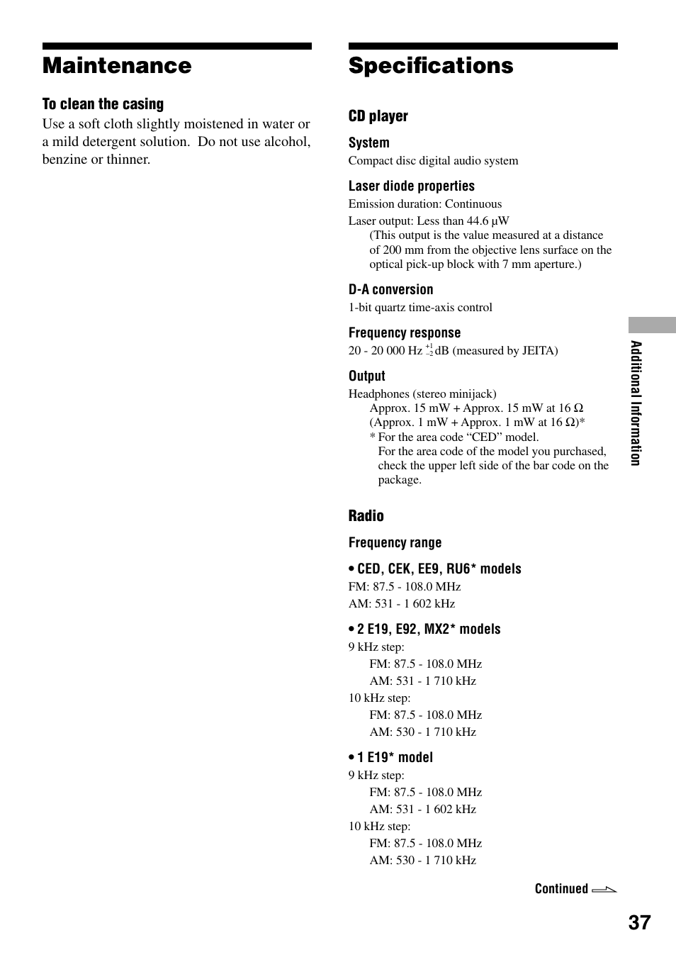 Maintenance, Specifications, Maintenance speciﬁcations | Speciﬁcations | Sony D-NF431 User Manual | Page 37 / 44