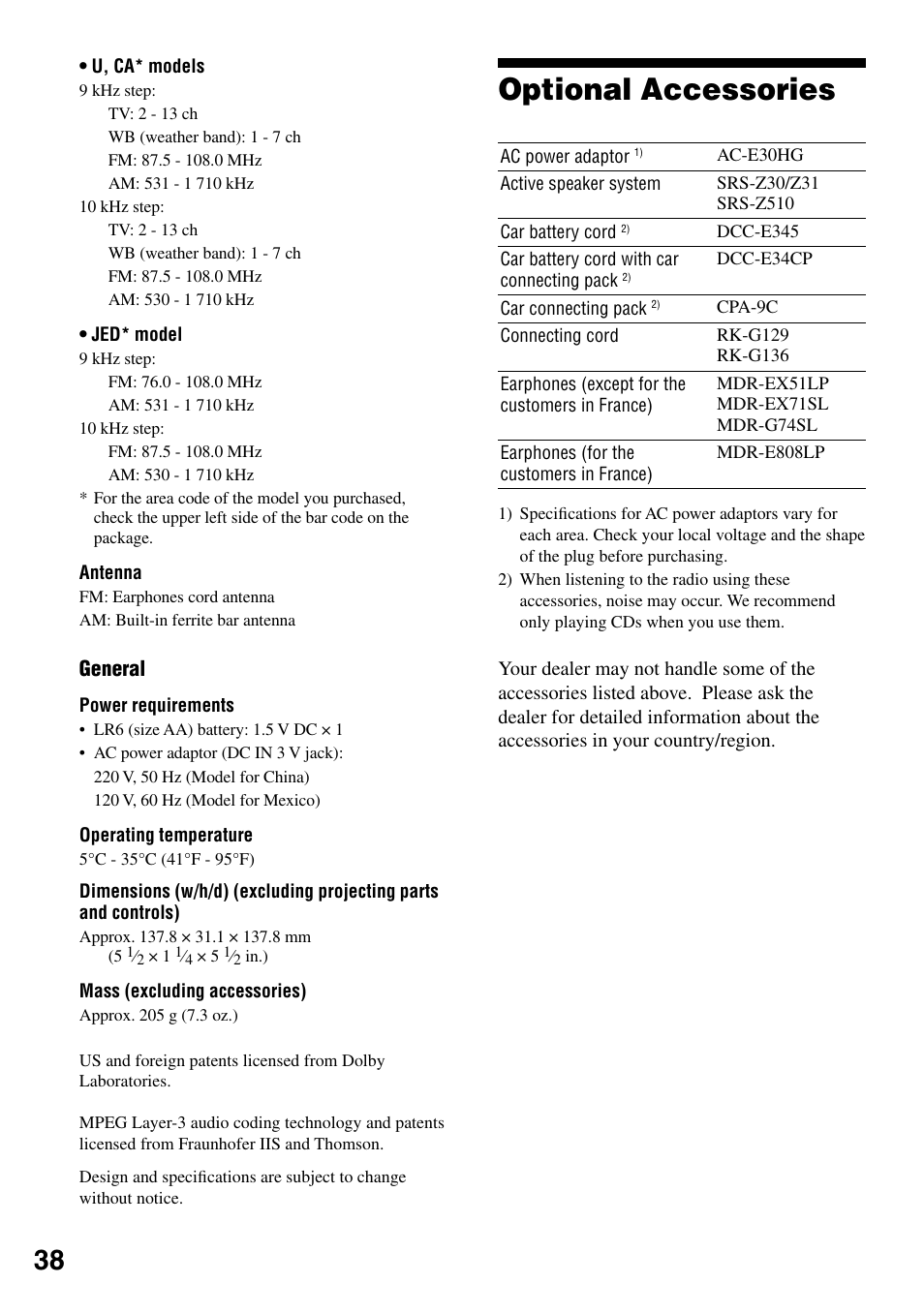 Optional accessories, General | Sony D-NF431 User Manual | Page 38 / 44