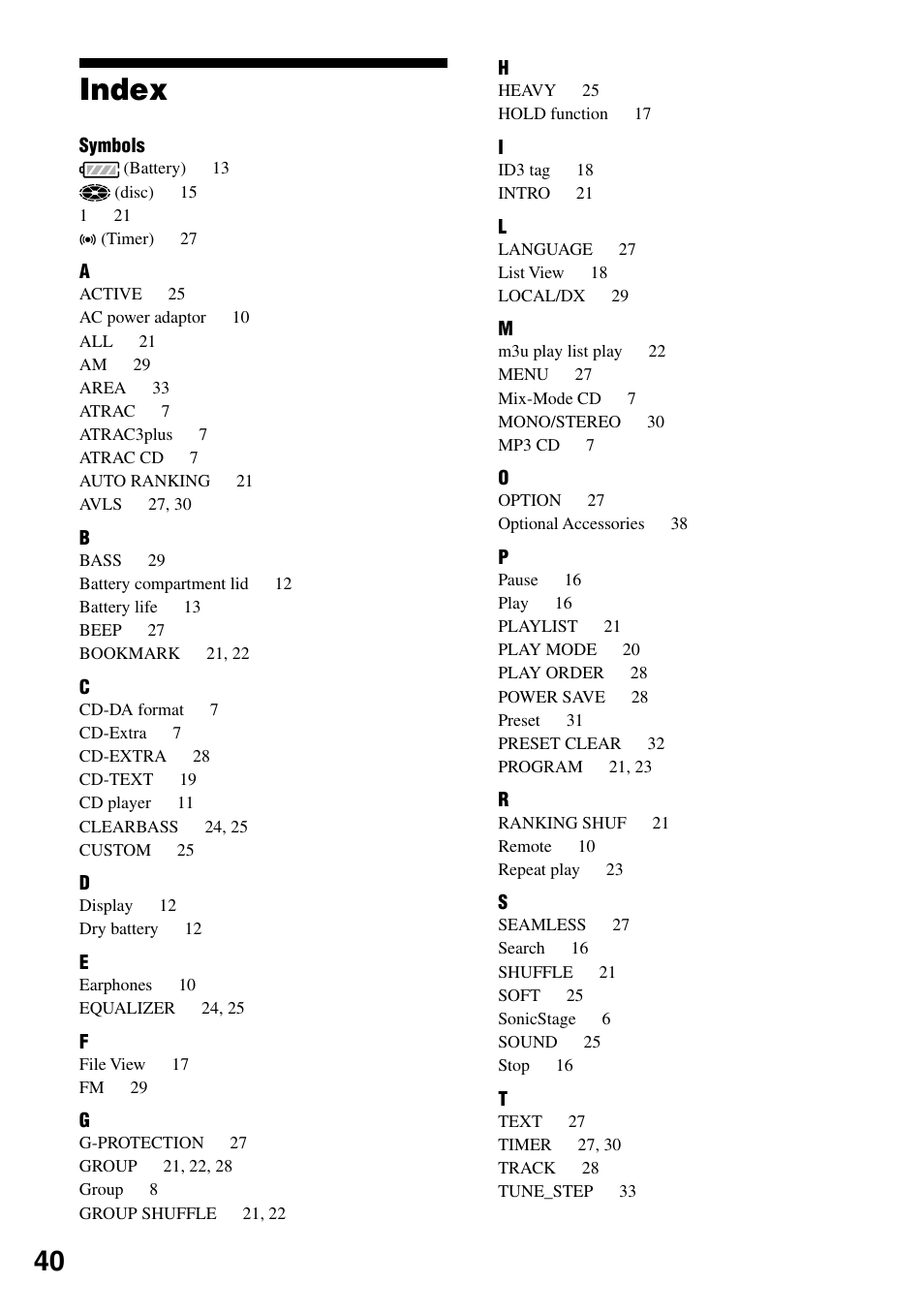 Index | Sony D-NF431 User Manual | Page 40 / 44