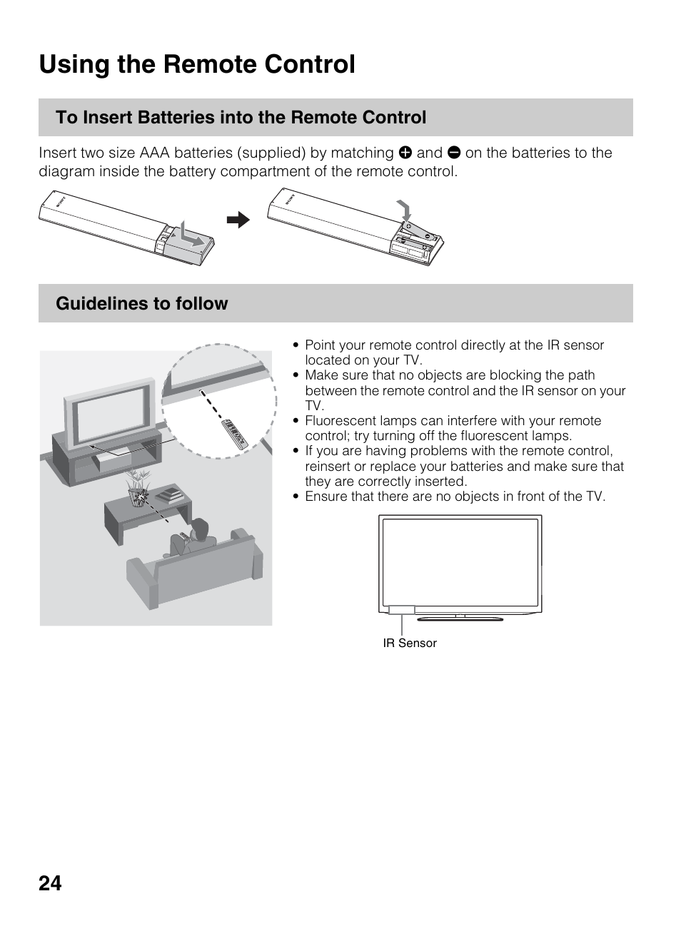 Operating the tv, Using the remote control | Sony BRAVIA 4-418-730-11(1) User Manual | Page 24 / 88
