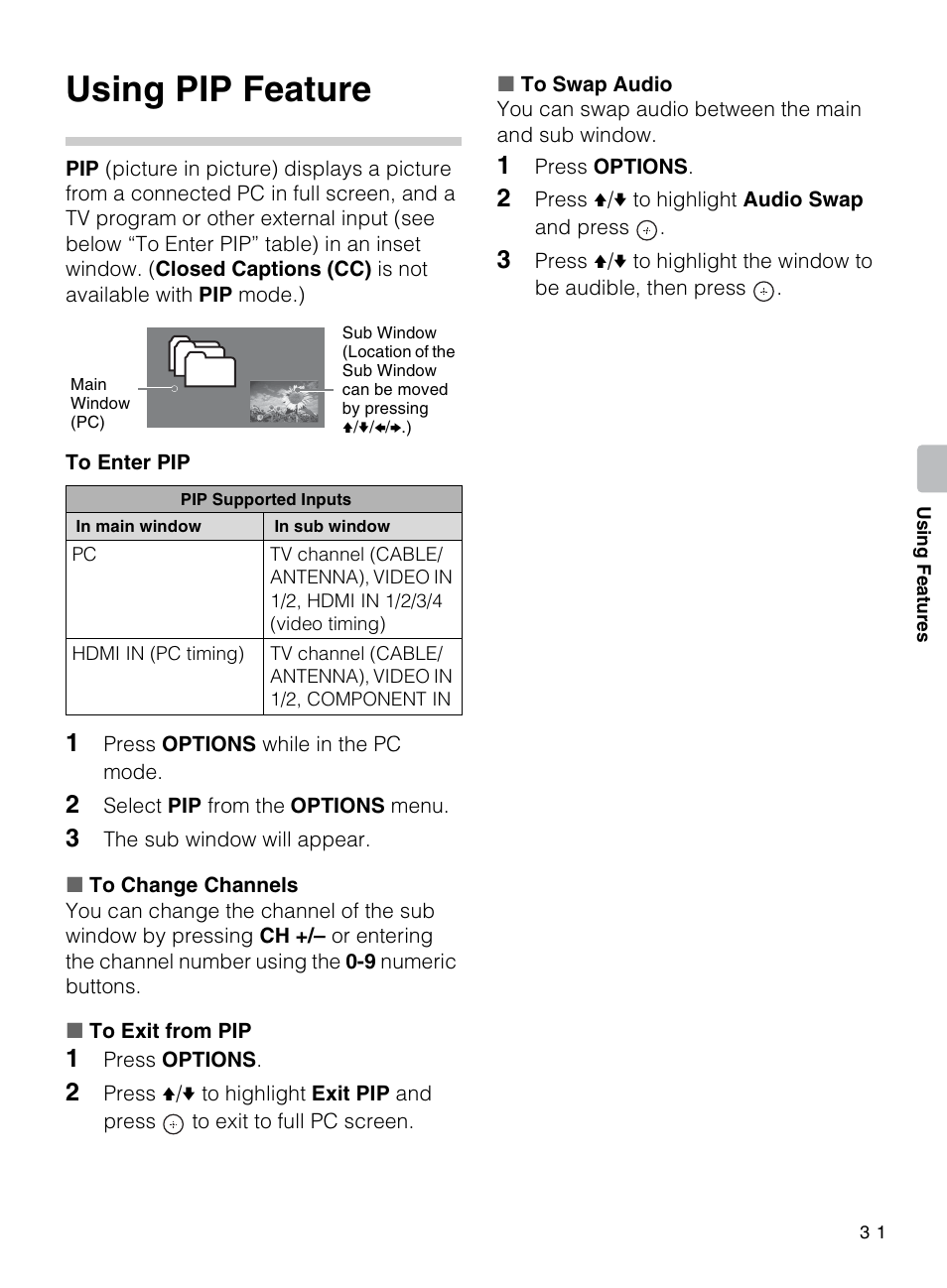 Using pip feature | Sony BRAVIA 4-418-730-11(1) User Manual | Page 31 / 88