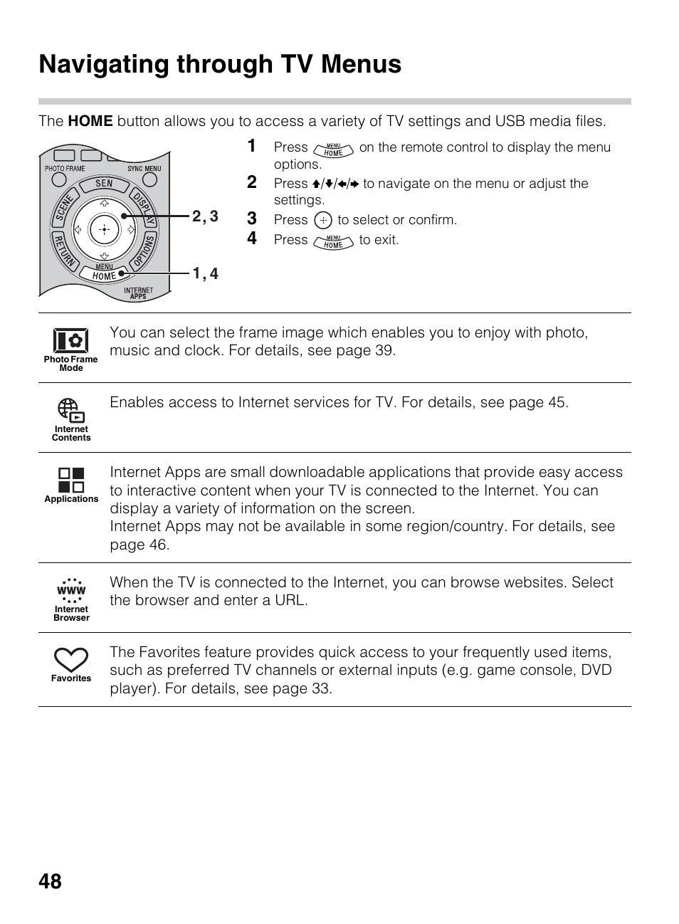 Using the menus, Navigating through tv menus | Sony BRAVIA 4-418-730-11(1) User Manual | Page 48 / 88