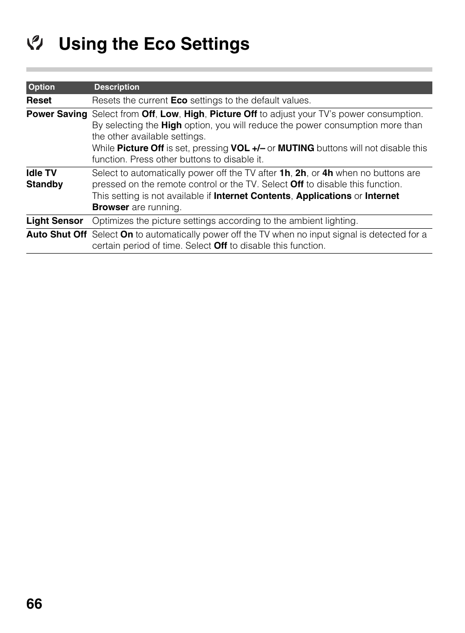 Using the eco settings | Sony BRAVIA 4-418-730-11(1) User Manual | Page 66 / 88