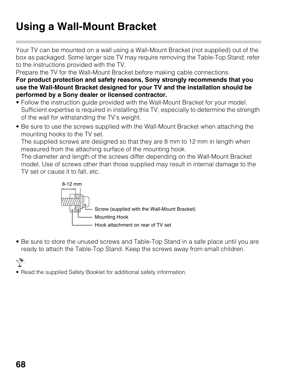 Using a wall-mount bracket | Sony BRAVIA 4-418-730-11(1) User Manual | Page 68 / 88