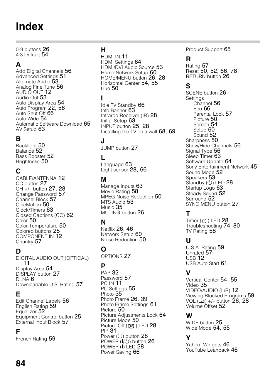 Index | Sony BRAVIA 4-418-730-11(1) User Manual | Page 84 / 88