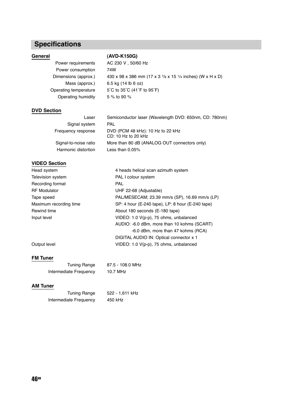 Specifications | Sony DAV-D150G User Manual | Page 46 / 48