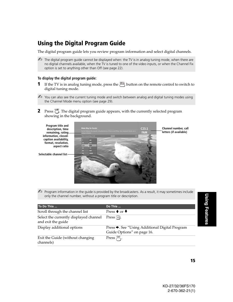 Using the digital program guide | Sony KD-27FS170 User Manual | Page 21 / 48