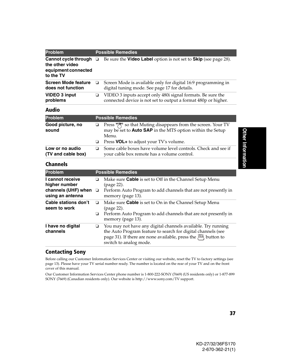 Contacting sony | Sony KD-27FS170 User Manual | Page 43 / 48