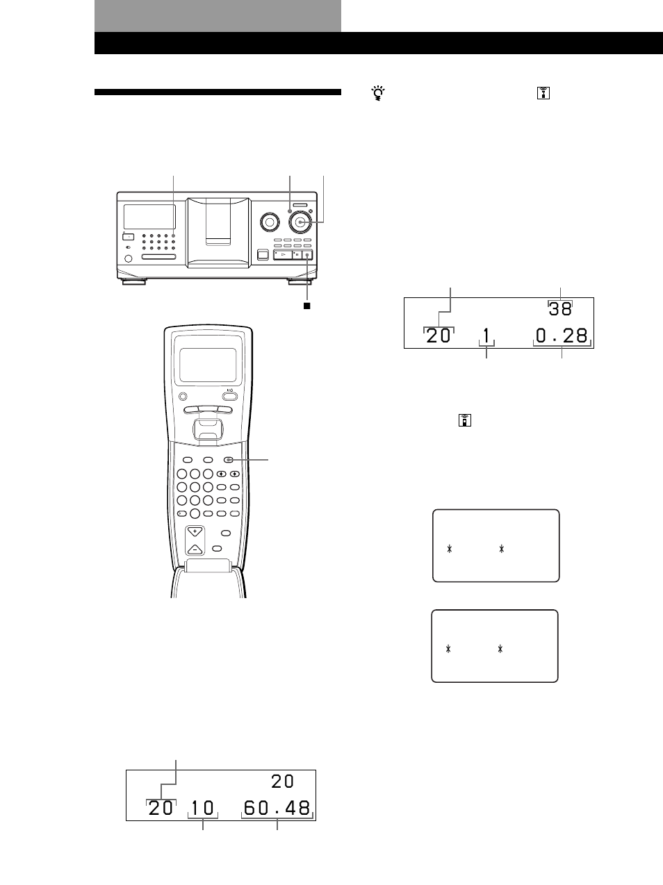 Das display, Wiedergeben von cds, Bei der cd-wiedergabe angezeigte informationen | Informationen im display der fernbedienung, I s c 2 0 * d i sc - 2 * 0 d | Sony CDP CX555ES User Manual | Page 98 / 128