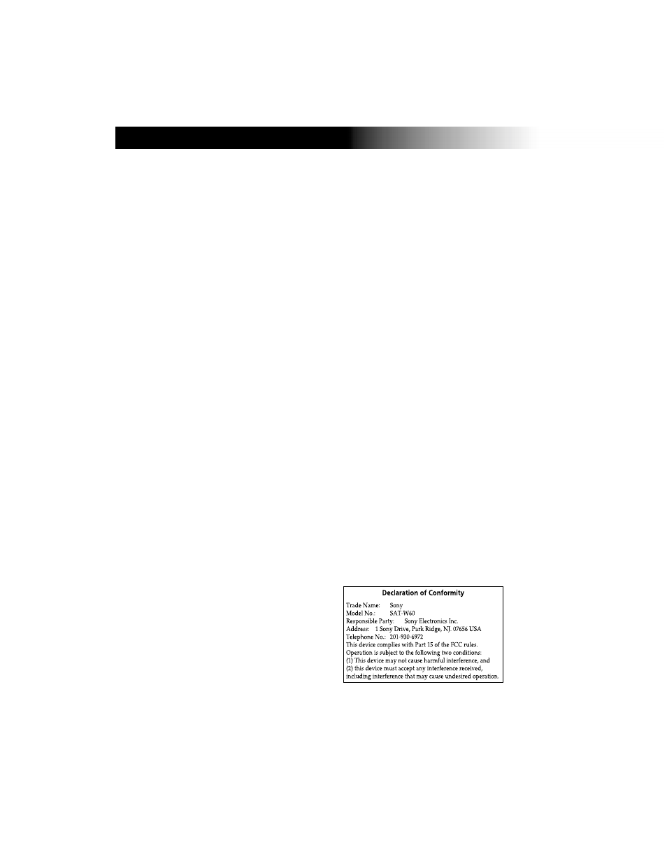 Fcc regulations and information, Fcc registration information, Service requirements | Radio interference information | Sony DIRECTV RECEIVER SAT-W60 User Manual | Page 30 / 32