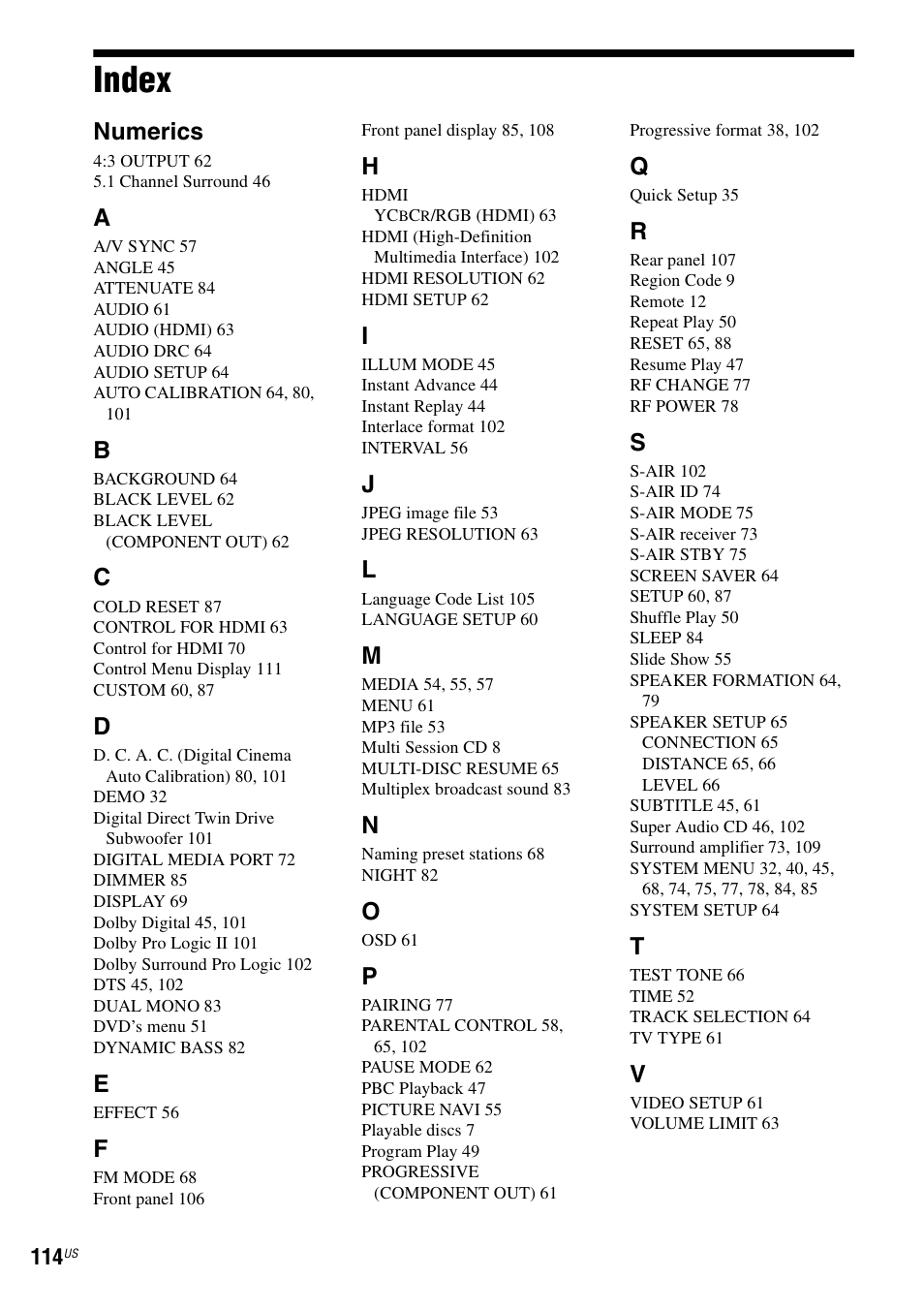 Index, Numerics | Sony DAV-HDX686W User Manual | Page 114 / 116