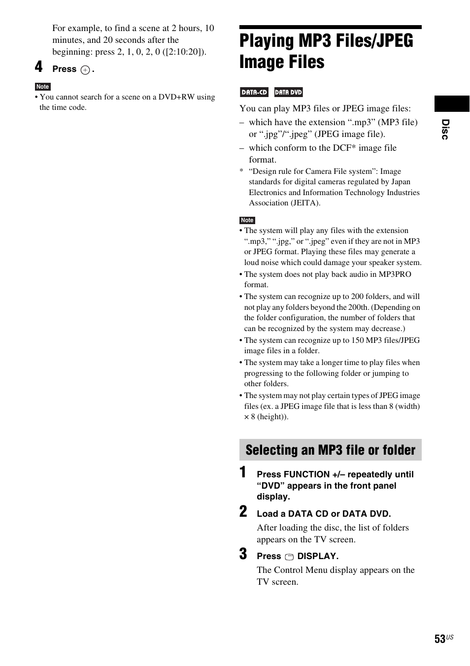 Playing mp3 files/jpeg image files, Selecting an mp3 file or folder | Sony DAV-HDX686W User Manual | Page 53 / 116