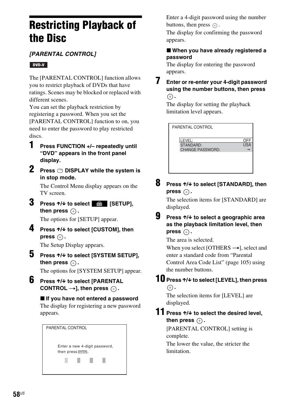 Restricting playback of the disc | Sony DAV-HDX686W User Manual | Page 58 / 116