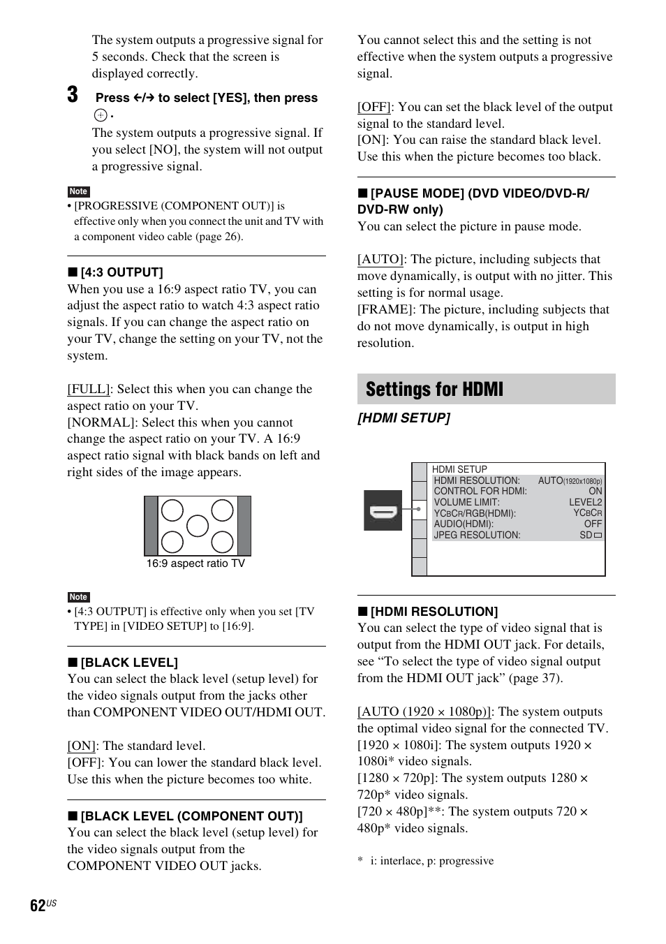 Settings for hdmi | Sony DAV-HDX686W User Manual | Page 62 / 116