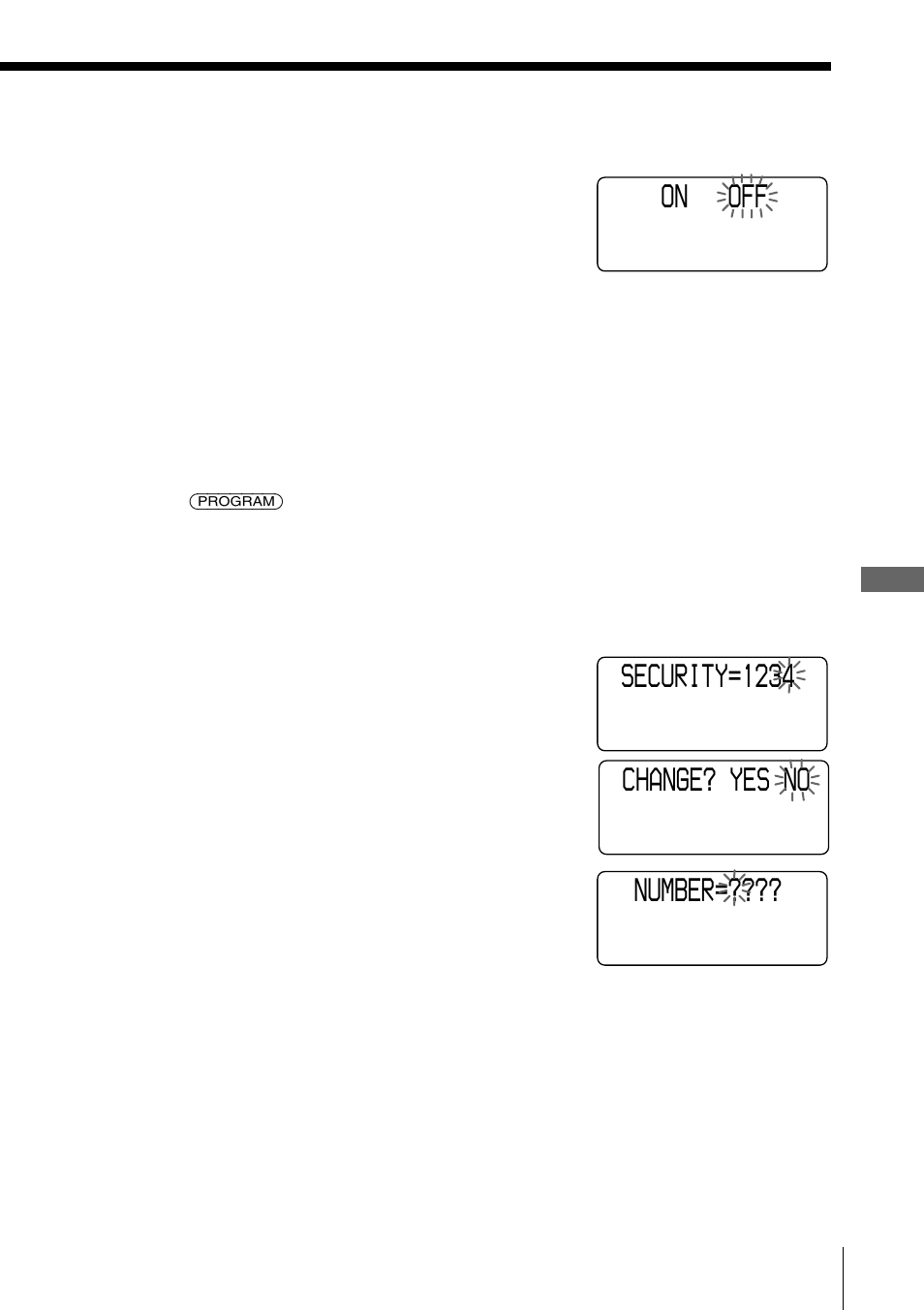 Changing the security code, On off, Security=1234 change? yes no | Number | Sony IT-M804 User Manual | Page 47 / 80