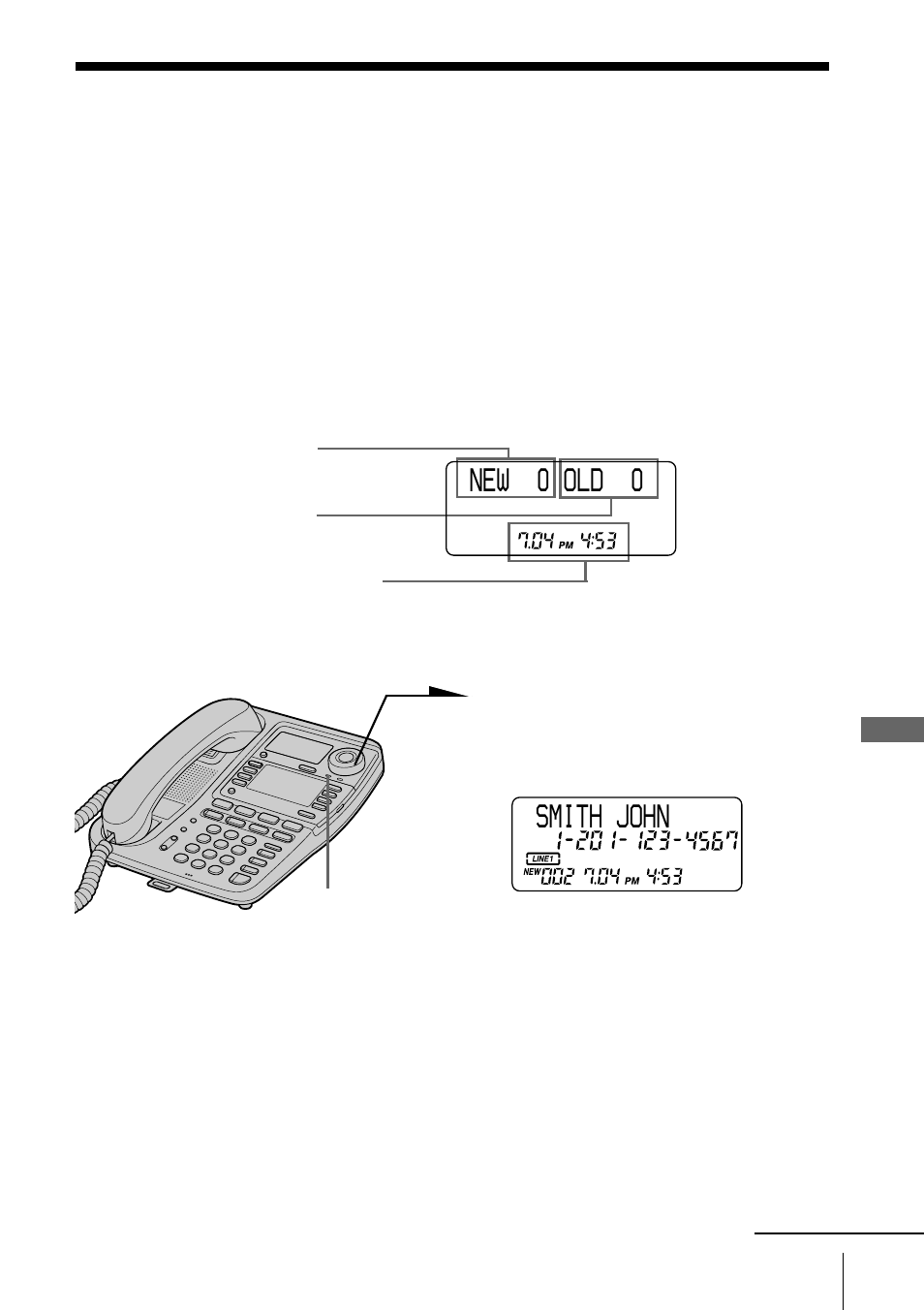 Looking at the caller id list, Viewing the caller id list, Smith john | New 0 old 0 | Sony IT-M804 User Manual | Page 51 / 80