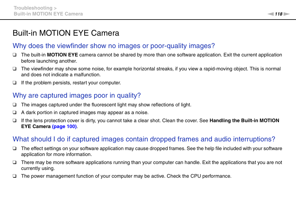 Built-in motion eye camera, Why are captured images poor in quality | Sony VAIO VGN-NS300 User Manual | Page 118 / 146