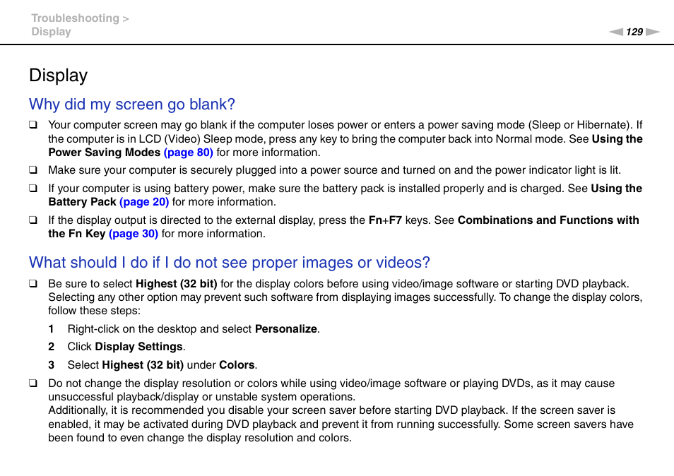 Display, Why did my screen go blank | Sony VAIO VGN-NS300 User Manual | Page 129 / 146