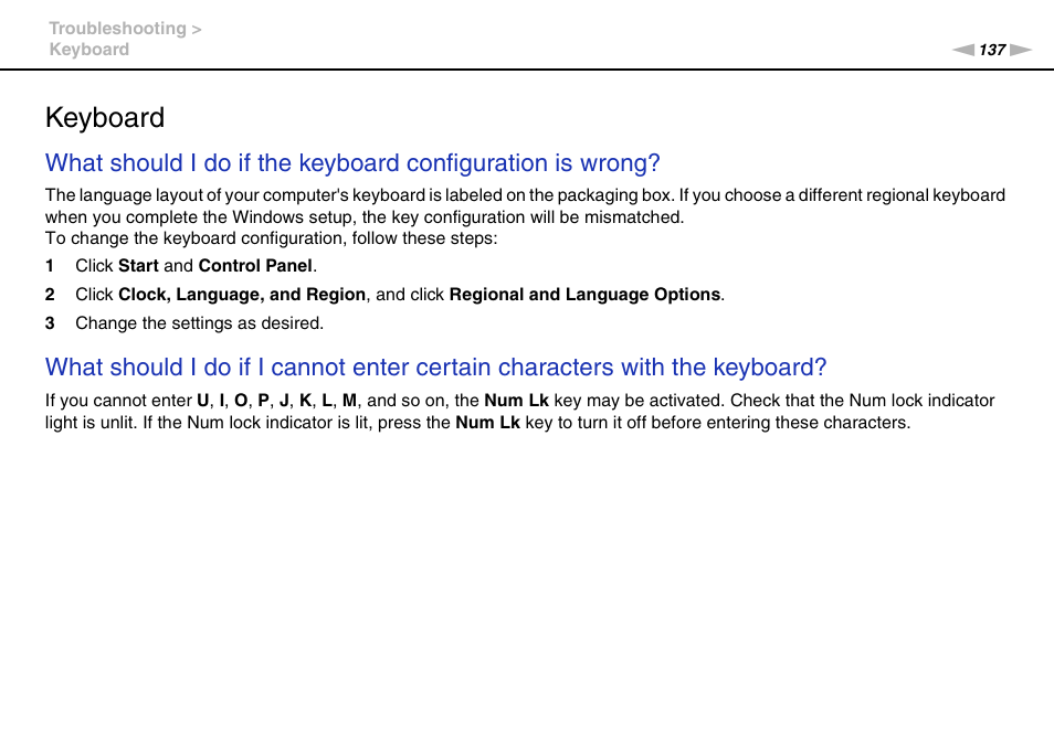 Keyboard | Sony VAIO VGN-NS300 User Manual | Page 137 / 146