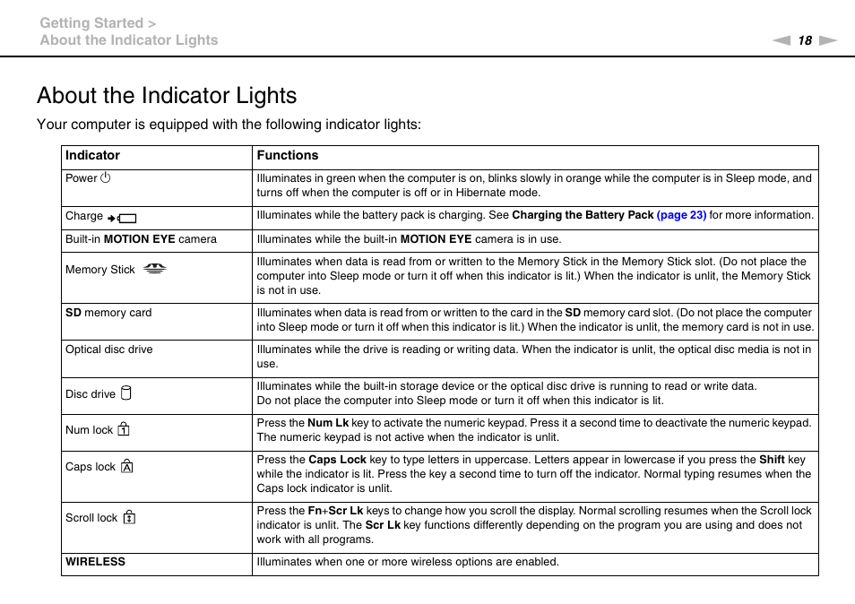 About the indicator lights | Sony VAIO VGN-NS300 User Manual | Page 18 / 146