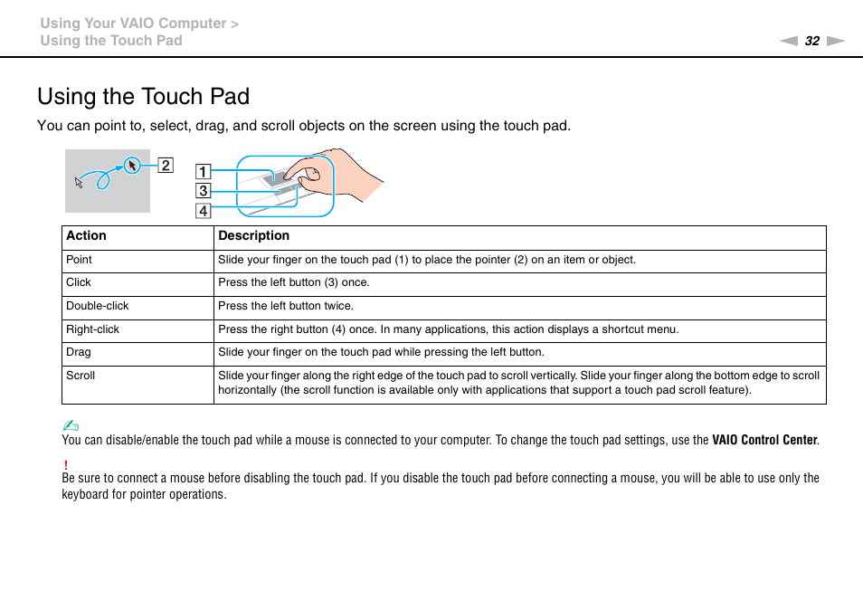 Using the touch pad | Sony VAIO VGN-NS300 User Manual | Page 32 / 146