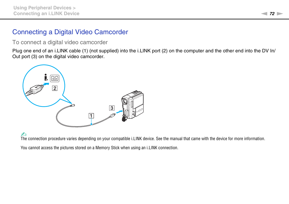 Connecting a digital video camcorder | Sony VAIO VGN-NS300 User Manual | Page 72 / 146
