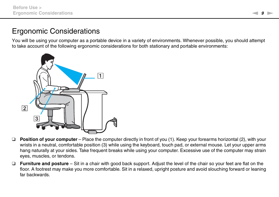 Ergonomic considerations | Sony VAIO VGN-NS300 User Manual | Page 9 / 146